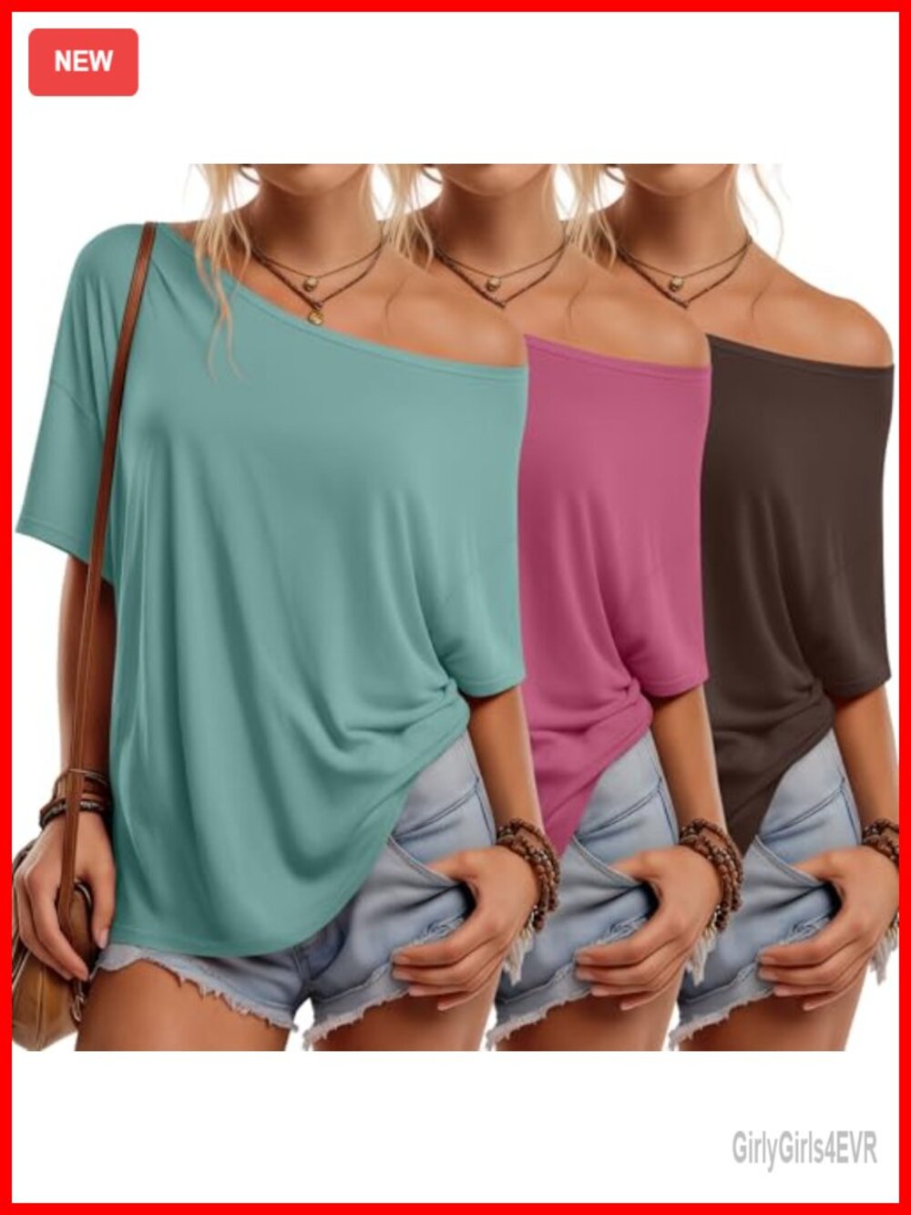 3 Pack Off Shoulder Tops Oversized Short Sleeve Casual Womens T-Shirts